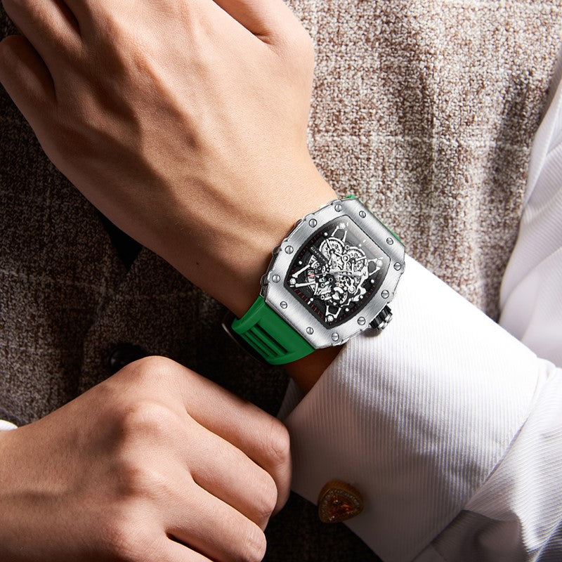 Giordano Analog Watch for Men - Skeleton-Style Dial | Brushed Steel Case with Silicone Strap | GZ-50127-07